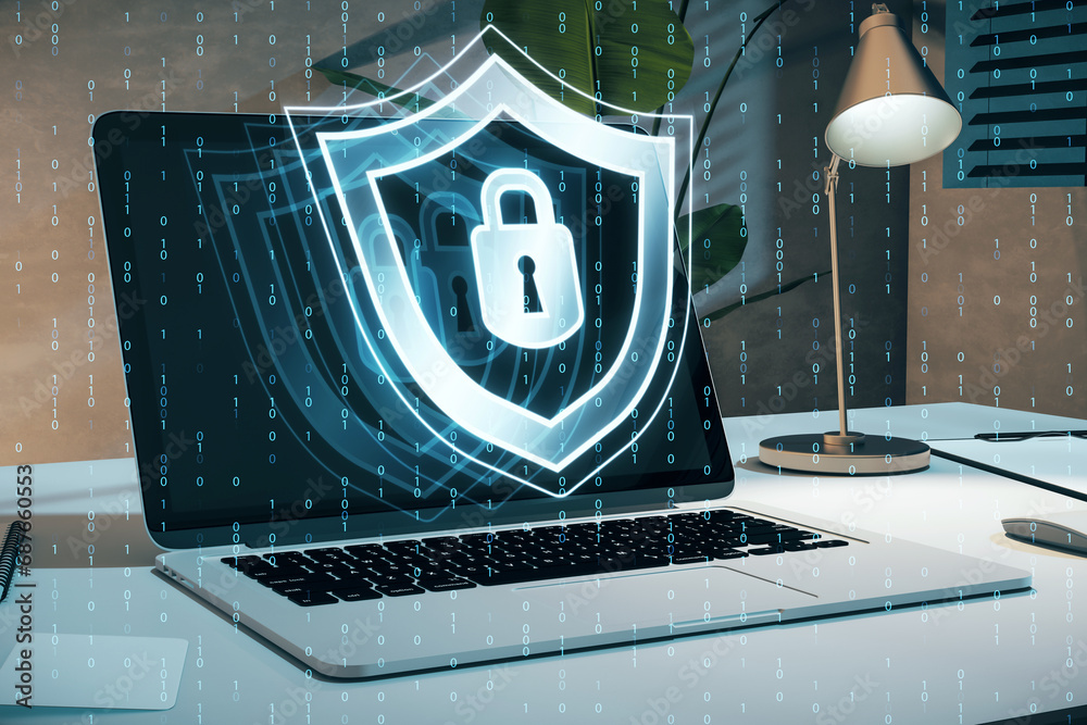 Poster Close up of laptop at workplace with creative digital security padlock and shield hologram on blurry binary code background. Secure, safety and identification concept. 3D Rendering.