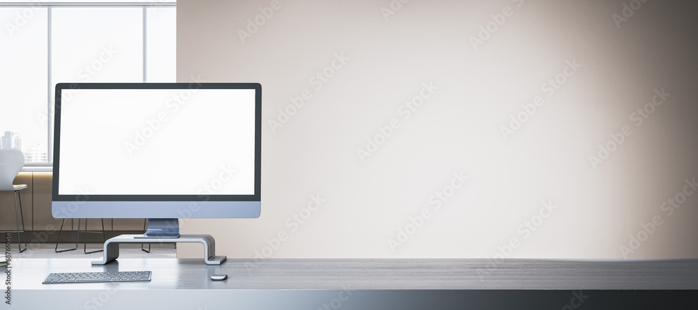 Poster Close up of empty white computer screen on wide wooden office desk. Window with city view and stools in the background. Mock up, 3D Rendering.