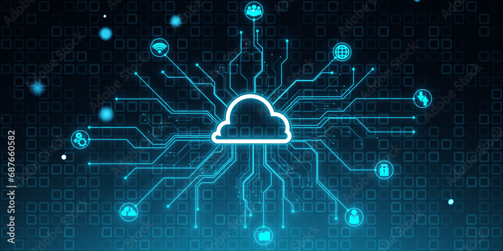Poster creative digital circuit cloud on blue background. data storage, server and technology concept. 3d r