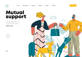 Mutual Support: Pet-sitting -modern flat vector concept illustration of a woman going on vacation leaving her dogs with neighbor. A metaphor of voluntary, collaborative exchanges of resource, services