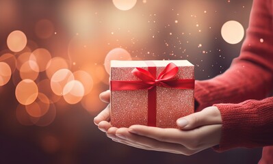 woman hand holding gift box with bokeh light, holiday giving and share concept, special thanks,  Generative Ai