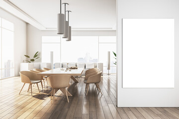Modern wooden meeting room interior with empty white mock up banner, window and city view, furniture and daylight. 3D Rendering.
