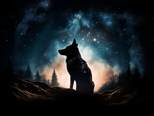 A Double Exposure Style Silhouette of a Coyote with a Space Scene Background