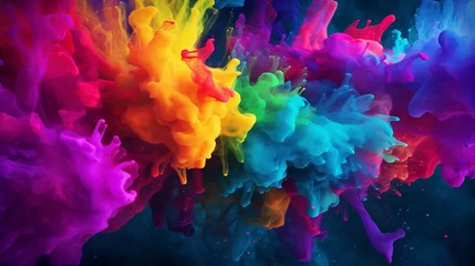 Zelfklevend Fotobehang Holi color paint splatter powder festival explosion burst powder wide background, wallpaper 16:9. © ArtStockVault