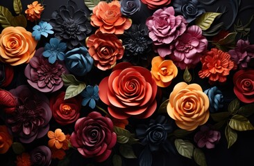a circular arrangement of many colorful roses,
