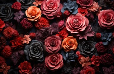a circular arrangement of many colorful roses,