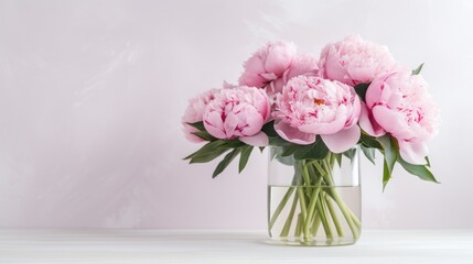 A close-up of a bouquet of pink peonies in a glass vase against a white background