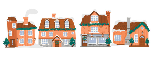 Cartoon collection winter houses decorated with garland,wreath and christmas trees.Cute buildings with snow-covered roofs, windows,lanterns and entrance doors.Vector hand drawn illustration on white.
