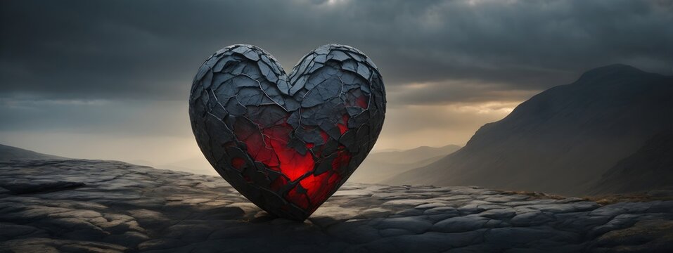 A dead but still living stoned loving heart in a harsh environment. Symbolizing Coping with harsh experiences, Suffering, romantic hart left alone, Endurance, dead love,  loneness, pain, rejection