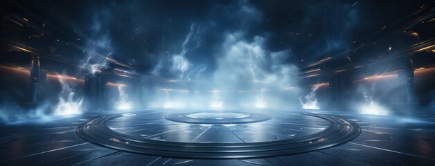 a dark futuristic space with circular smoke lights,