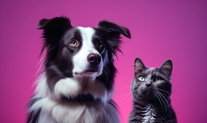 a dog and cat standing on a purple background,