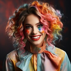 Portrait of smiling woman with colourful make-up, colourful clothes and colourful hair.