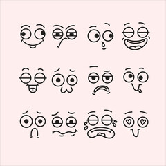 Cartoon faces. Expressive eyes and mouth, smiling, crying and surprised character face expressions. Caricature comic emotions or emoticon doodle. Isolated vector illustration icons bundle .