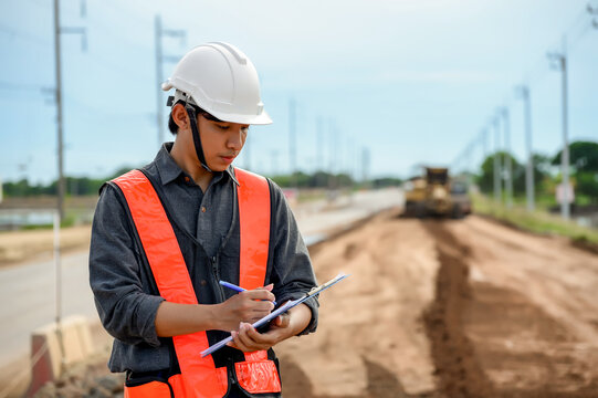 Highway engineers working at construction improvement based on roadworks. Soil Fill, Backfill Compaction for Sub base, Base Course, Surveyor Engineer inspector in highway construction.