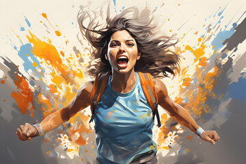 Abstract image of a running female sprinter for short distances from a splash of watercolor. illustration of paints. - obrazy, fototapety, plakaty