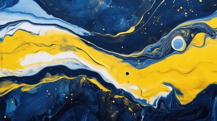 abstract fluid paints background, alcohol ink technique,blue and gold color waves