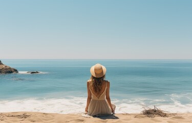 Fototapeta na wymiar a girl sitting next to the ocean on a beach,
