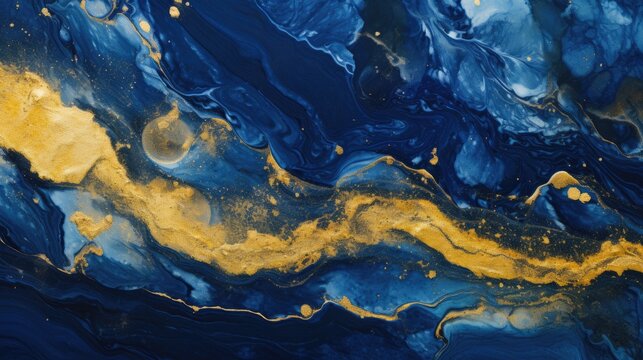 abstract fluid paints background, alcohol ink technique,blue and gold color waves