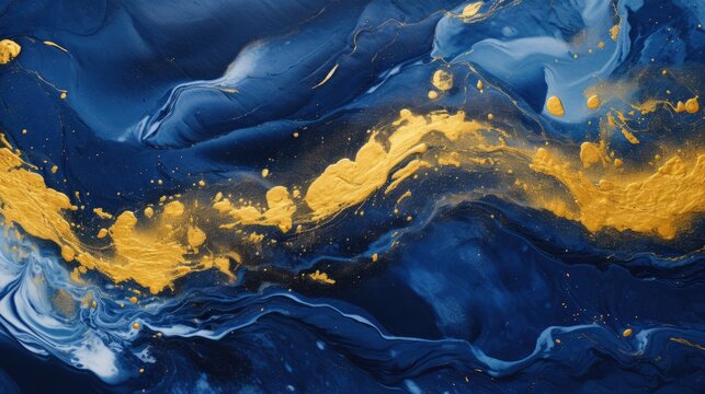 abstract fluid paints background, alcohol ink technique,blue and gold color waves