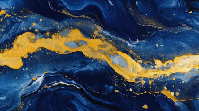 abstract fluid paints background, alcohol ink technique,blue and gold color waves