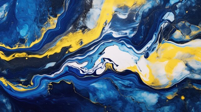 abstract fluid paints background, alcohol ink technique,blue and gold color waves