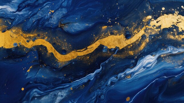 abstract fluid paints background, alcohol ink technique,blue and gold color waves