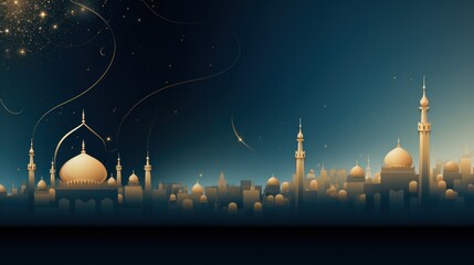 A lavish blue and gold background with elegant floral designs and a stunning mosque silhouette.