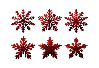 Set of dark red snowflakes in glitter. Collection of decorative elements for the Christmas holiday. Vector illustration