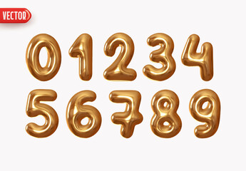 Golden numbers from 0 to 9. Collection of voluminous inflated numbers from metal. Set gold number symbols 1, 2, 3, 4, 5, 6, 7, 8, 9, 0. Realistic 3d design. vector illustration