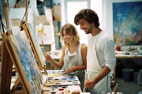 young couple at a painting lessons art studio