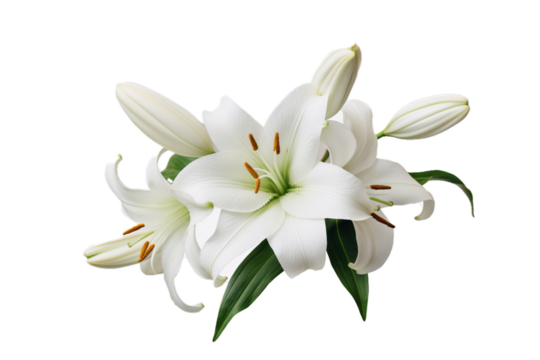 Elegant white lily with buds isolated on transparent background, embodying purity and serene beauty.