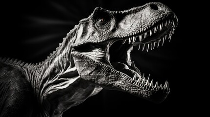 Aggressive toothy ti-rex with open toothy mouth in monochrome style. Attacking prehistoric predator. Illustration for cover, postcard, interior design, banner, brochure, etc.
