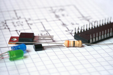 Components on hand drawn electronic circuit diagram. Selected focus.