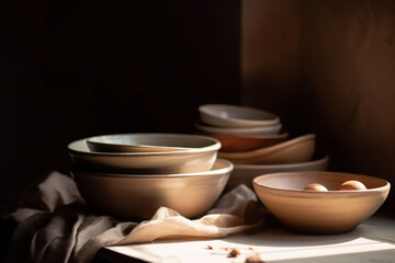 Still life background of ceramic plates and bowls. Rural composition of old utensils placed on wooden table and illuminated with natural sun light through window
