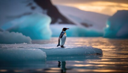 Obraz premium A penguin is standing on an iceberg in the water. Generated with AI
