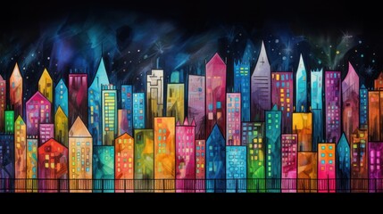  a painting of a cityscape with buildings of different colours