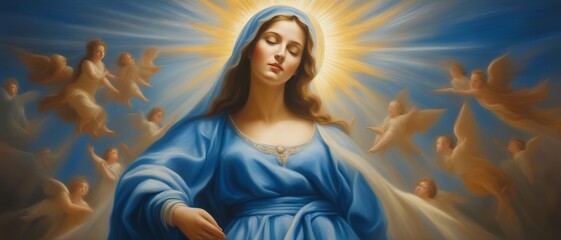 Angels and holy woman body Mary in blue dress in the sky