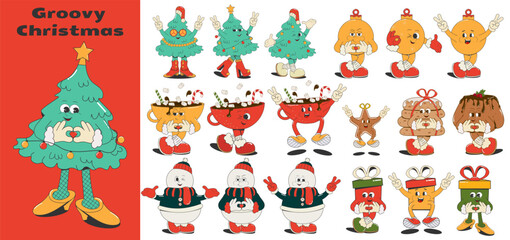 set of Christmas and New Year characters in different poses, isolated on a white background, in a cartoon retro style of the 50s-60s.Christmas tree,cocoa,ball, cookies,cupcake,snowman,gifts. Vector