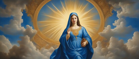 Virgin Mary In a blue dress in the golden Heavens