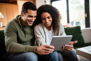 Young couple watching media content online in a tablet sitting on a sofa in the living room
