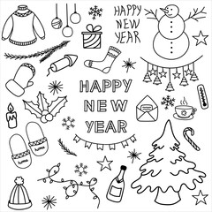 A set of doodles on a Christmas theme. Hand drawn doodles isolated on white background. Suitable for decorating notebooks, digital gliders, decorating stickers, envelopes, banners.