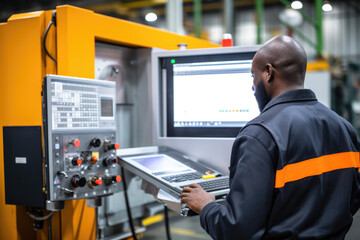 african engineer technician working with heavy computer numerical control (CNC) machine in factory, worker with checklist