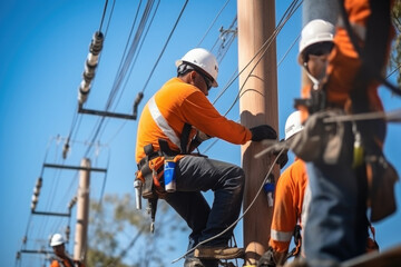 team of electricians install grounding on the wires of a high-voltage overhead line - obrazy, fototapety, plakaty
