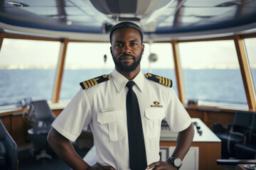 African captain of a ship on the open sea, standing on the deck - obrazy, fototapety, plakaty