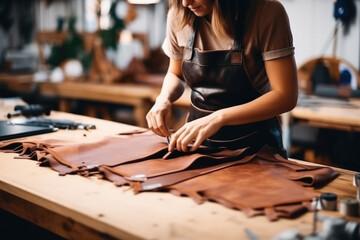 Cropped female hands of tailor leather-craftsman working with natural leather, processing cuts leather blanks - obrazy, fototapety, plakaty