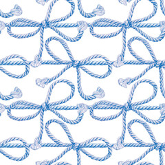 Seamless pattern of rope cords with bow knots. Hand painted realistic blue elements on white background. Hand drawn illustration. For fabric, sketchbook, wallpaper, wrapping paper.