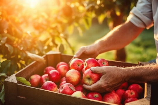 Cropped hands of a farmer harvesting apples at the box at sunny garden