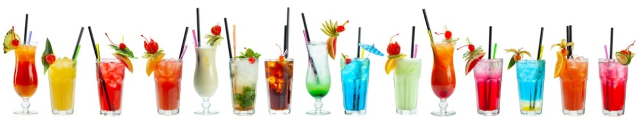 Set of cocktails, soft and long-drinks on a white background.