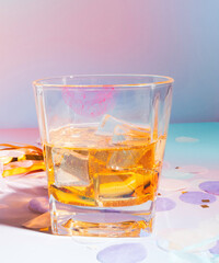 A Close Up of a Whiskey Scotch on the Rocks with Lipstick Stain on the Glass