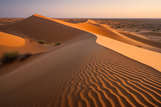 long exposure photo capturing the Sahara's sand dunes bathed in warm ochre and soft tangerine hue.